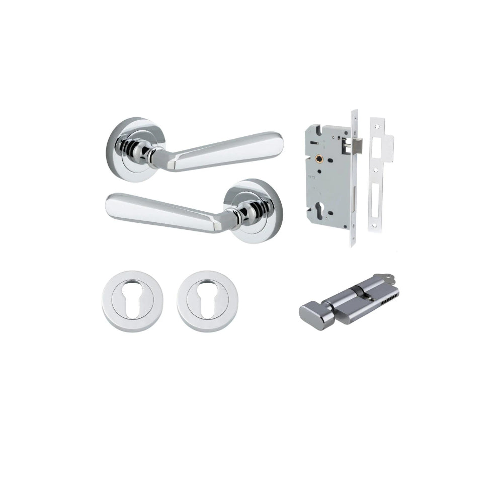 Door Lever Copenhagen Round Rose Polished Chrome D52xP61mm Entrance Kit, Mortice Lock Euro Polished Chrome CTC85mm Backset 60mm, Euro Cylinder Key Thumb 6 Pin Polished Chrome L70mm KA1, Escutcheon Euro Concealed Fix Round Pair Polished Chrome D52x… in Pol