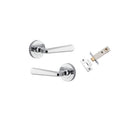 Door Lever Copenhagen Round Rose Inbuilt Privacy Pair Polished Chrome D58xP61mm with Tube Latch Privacy with Faceplate & T Striker Backset 60mm in Polished Chrome
