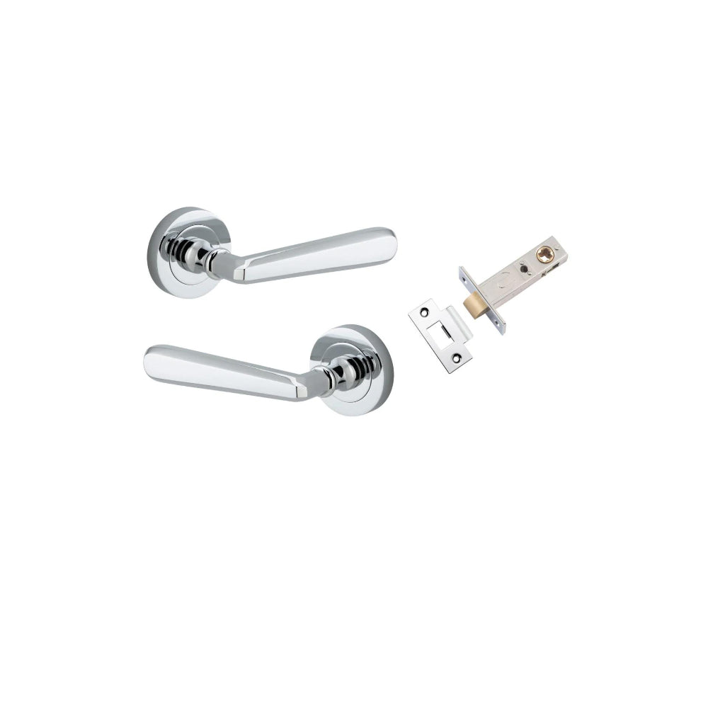 Door Lever Copenhagen Round Rose Polished Chrome D52xP61mm Passage Kit, Tube Latch Split Cam 'T' Striker Polished Chrome Backset 60mm in Polished Chrome