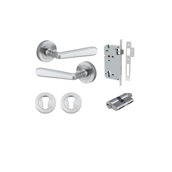 Door Lever Copenhagen Round Rose Brushed Chrome D52xP61mm Entrance Kit, Mortice Lock Euro Brushed Chrome CTC85mm Backset 60mm, Euro Cylinder Dual Function 5 Pin Brushed Chrome L65mm KA1, Escutcheon Euro Concealed Fix Round Pair Brushed Chrome D52x… in Bru