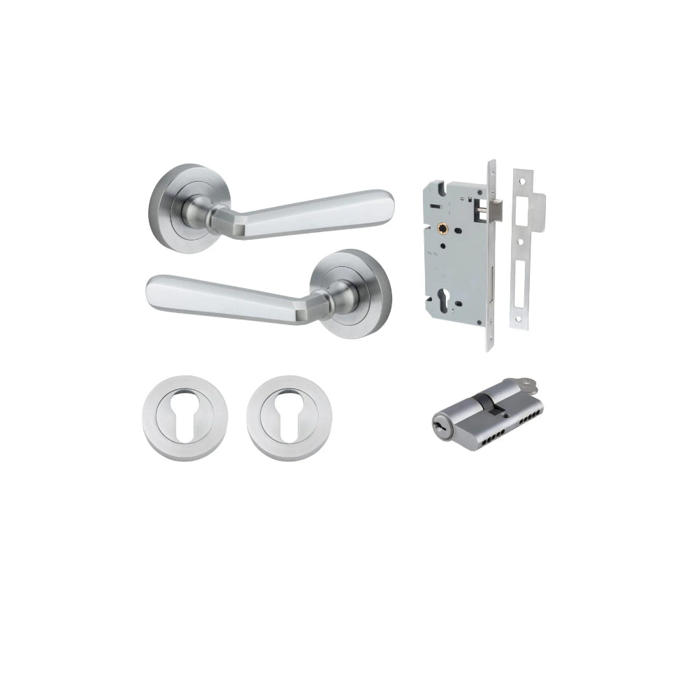 Door Lever Copenhagen Round Rose Brushed Chrome D52xP61mm Entrance Kit, Mortice Lock Euro Brushed Chrome CTC85mm Backset 60mm, Euro Cylinder Dual Function 5 Pin Brushed Chrome L65mm KA1, Escutcheon Euro Concealed Fix Round Pair Brushed Chrome D52x… in Bru