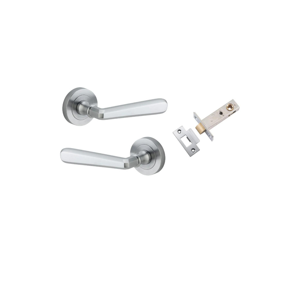 Door Lever Copenhagen Round Rose Brushed Chrome D52xP61mm Passage Kit, Tube Latch Split Cam 'T' Striker Brushed Chrome Backset 60mm in Brushed Chrome