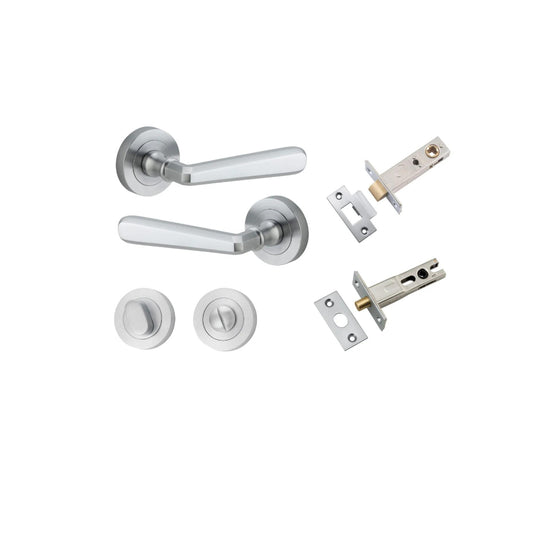 Door Lever Copenhagen Round Rose Brushed Chrome D52xP61mm Privacy Kit, Tube Latch Split Cam 'T' Striker Brushed Chrome Backset 60mm, Privacy Bolt Round Bolt Brushed Chrome Backset 60mm, Privacy Turn Oval Concealed Fix Round Brushed Chrome D52xP23mm in Bru