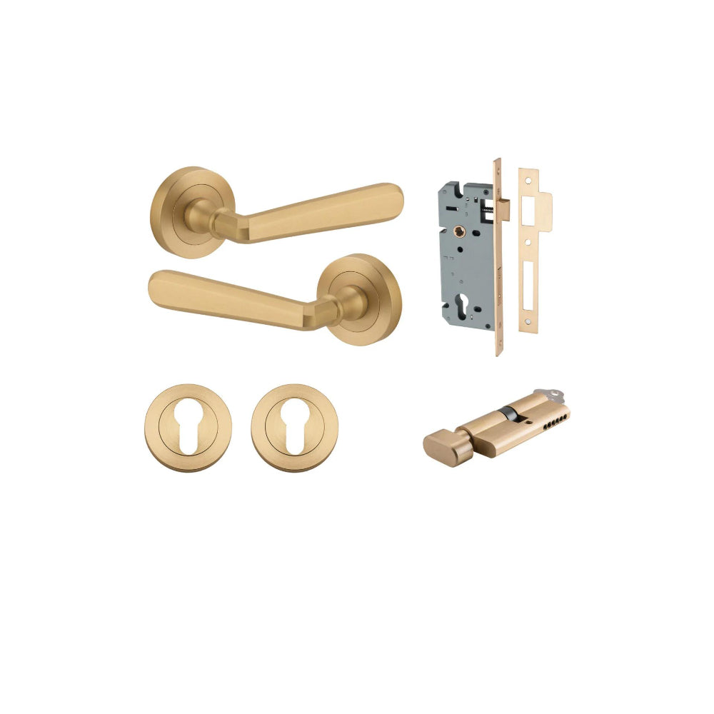 Door Lever Copenhagen Round Rose Brushed Brass D52xP61mm Entrance Kit, Mortice Lock Euro Brushed Brass CTC85mm Backset 60mm, Euro Cylinder Key Thumb 6 Pin Brushed Brass L70mm  

 KA1, Escutcheon Euro Concealed Fix Round Pair Brushed Brass D52xP10mm in Bru