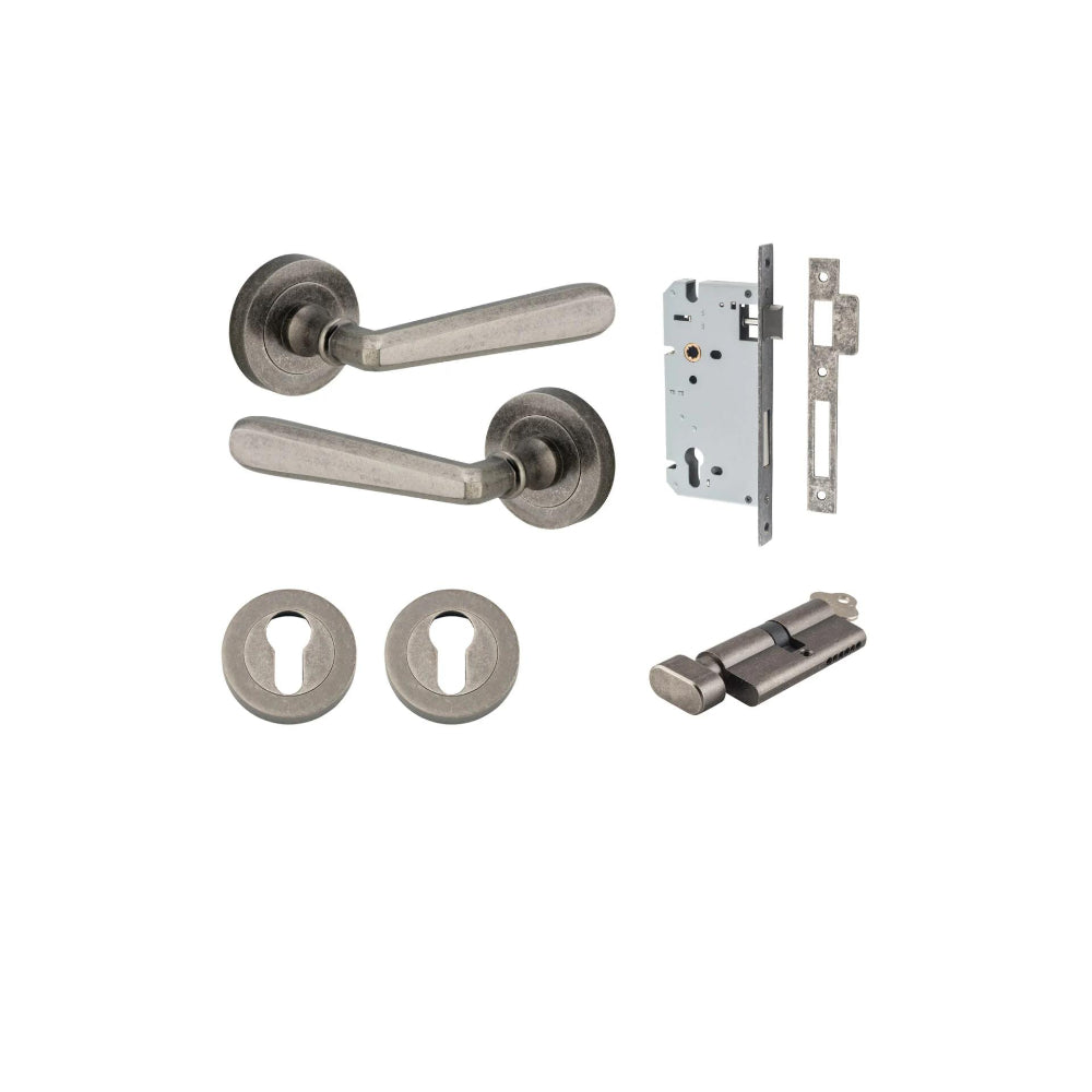 Door Lever Copenhagen Round Rose Distressed Nickel D52xP61mm Entrance Kit, Mortice Lock Euro Distressed Nickel CTC85mm Backset 60mm, Euro Cylinder Key Thumb 6 Pin Distressed Nickel L70mm KA1, Escutcheon Euro Concealed Fix Round Pair Distressed Nic… in Dis