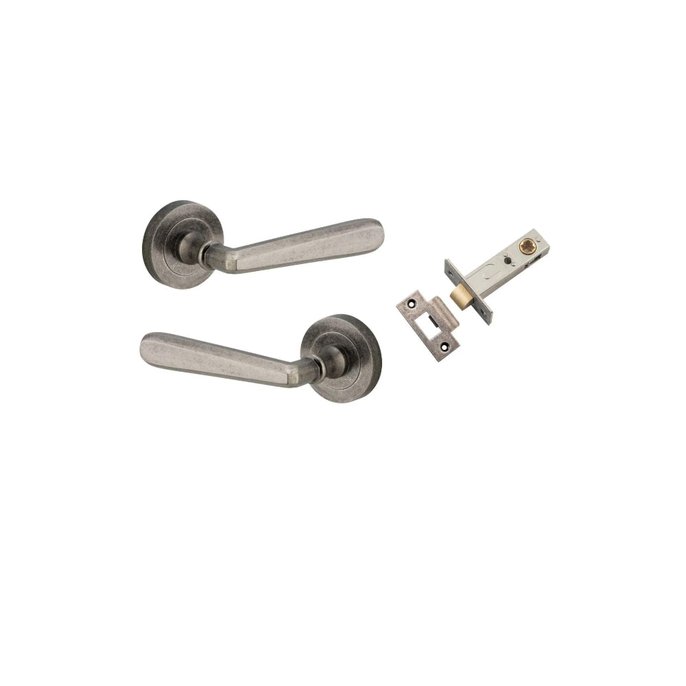 Door Lever Copenhagen Round Rose Distressed Nickel D52xP61mm Passage Kit, Tube Latch Split Cam 'T' Striker Distressed Nickel Backset 60mm in Distressed Nickel