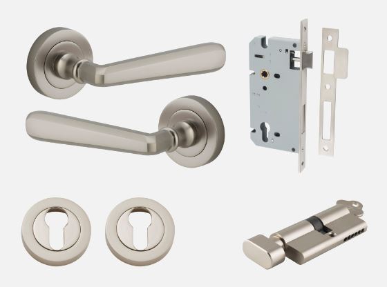 Door Lever Copenhagen Round Rose Satin Nickel D52xP61mm Entrance Kit, Mortice Lock Euro Satin Nickel CTC85mm Backset 60mm, Euro Cylinder Key Thumb 6 Pin Satin Nickel L70mm KA1, Escutcheon Euro Concealed Fix Round Pair Satin Nickel D52xP10mm in Satin Nicke