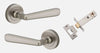 Door Lever Copenhagen Round Rose Inbuilt Privacy Pair Satin Nickel D58xP61mm with Tube Latch Privacy with Faceplate & T Striker Backset 60mm in Satin Nickel