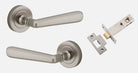 Door Lever Copenhagen Round Rose Inbuilt Privacy Pair Satin Nickel D58xP61mm with Tube Latch Privacy with Faceplate & T Striker Backset 60mm in Satin Nickel