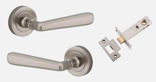 Door Lever Copenhagen Round Rose Inbuilt Privacy Pair Satin Nickel D58xP61mm with Tube Latch Privacy with Faceplate & T Striker Backset 60mm in Satin Nickel