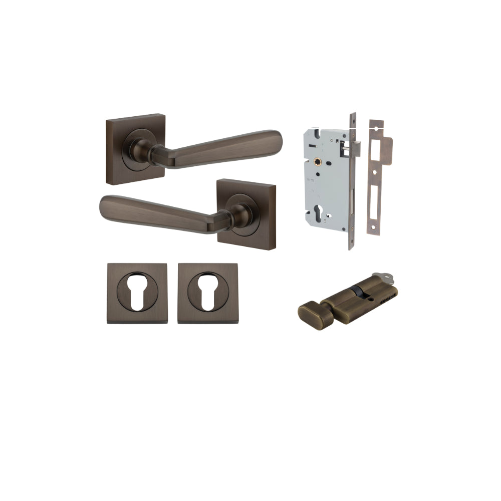 Door Lever Copenhagen Square Rose Signature Brass H52xW52xP61mm Entrance Kit, Mortice Lock Euro Signature Brass CTC85mm Backset 60mm, Euro Cylinder Key Thumb 6 Pin Signature Brass L70mm KA1, Escutcheon Euro Concealed Fix Square Pair Signature Bras… in Sig