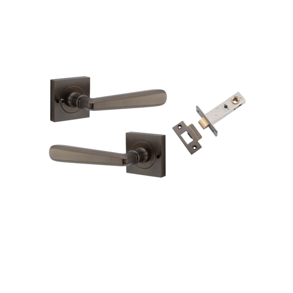 Door Lever Copenhagen Square Rose Inbuilt Privacy Pair Signature Brass H52xW52xP61mm with Tube Latch Privacy with Faceplate & T Striker Backset 60mm in Signature Brass