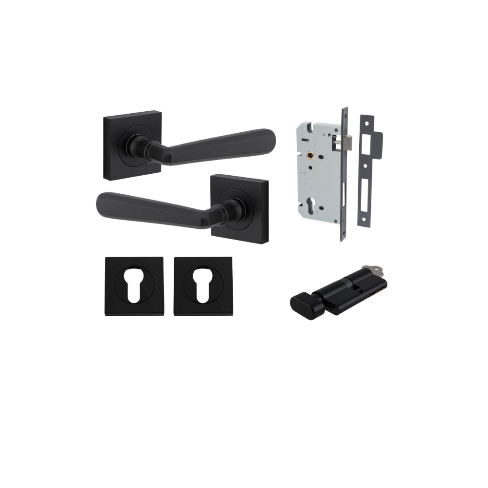 Door Lever Copenhagen Square Rose Matt Black H52xW52xP61mm Entrance Kit, Mortice Lock Euro Matt Black CTC85mm Backset 60mm, Euro Cylinder Key Thumb 6 Pin Matt Black L70mm KA1, Escutcheon Euro Concealed Fix Square Pair Matt Black H52xW52xP10mm in Matt Blac