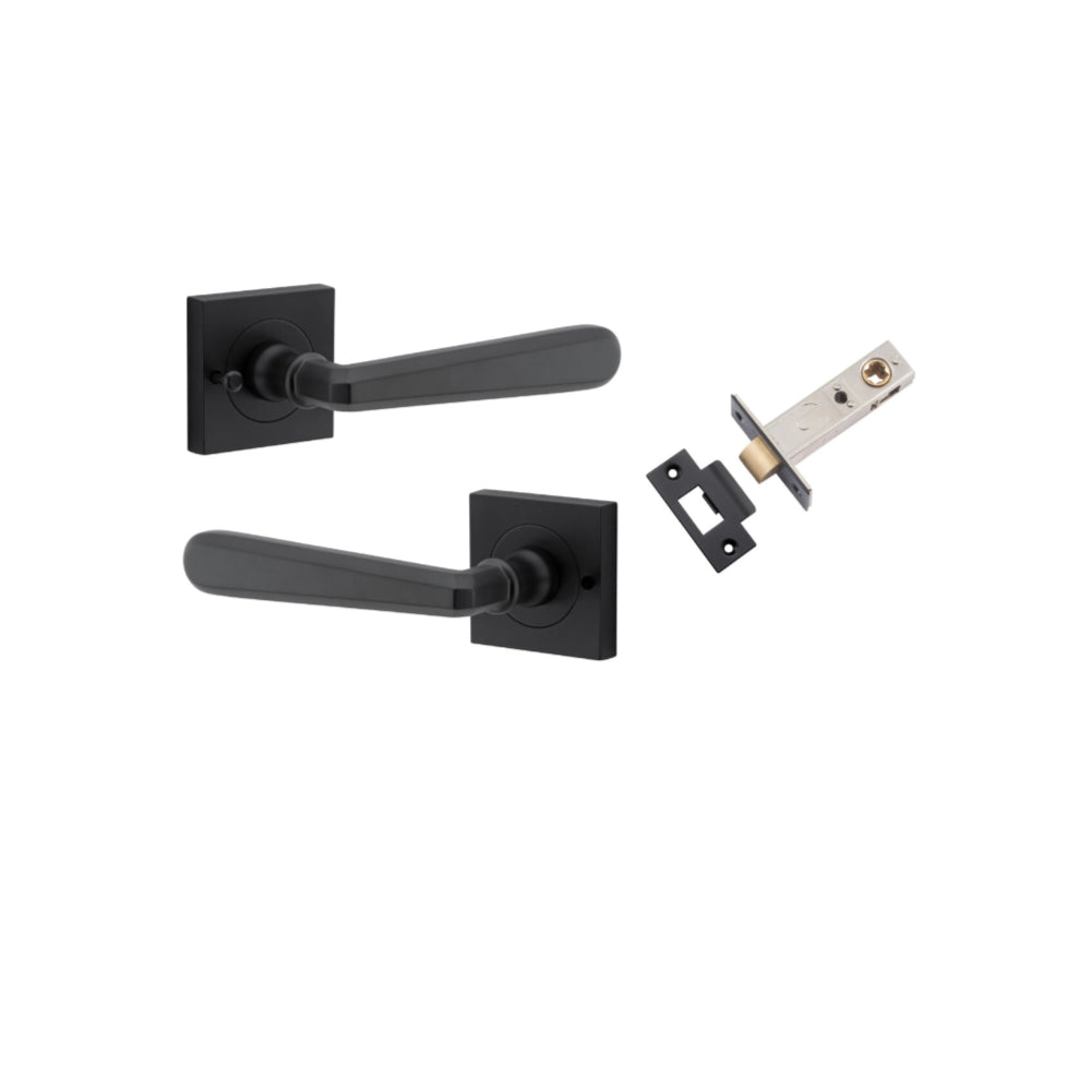 Door Lever Copenhagen Square Rose Inbuilt Privacy Pair Matt Black H52xW52xP61mm with Tube Latch Privacy with Faceplate & T Striker Backset 60mm in Matt Black