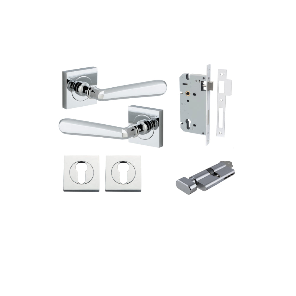 Door Lever Copenhagen Square Rose Polished Chrome H52xW52xP61mm Entrance Kit, Mortice Lock Euro Polished Chrome CTC85mm Backset 60mm, Euro Cylinder Key Thumb 6 Pin Polished Chrome L70mm KA1, Escutcheon Euro Concealed Fix Square Pair Polished Chrom… in Pol