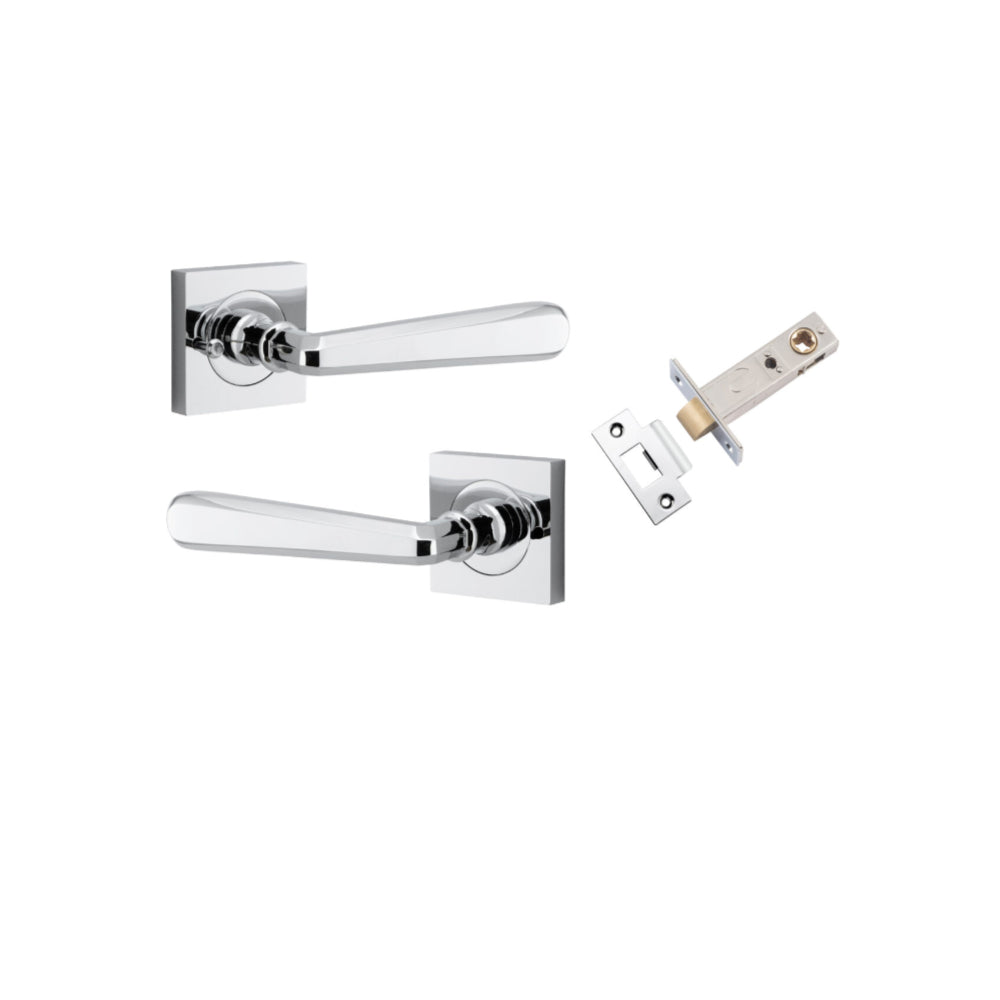 Door Lever Copenhagen Square Rose Inbuilt Privacy Pair Polished Chrome H52xW52xP61mm with Tube Latch Privacy with Faceplate & T Striker Backset 60mm in Polished Chrome