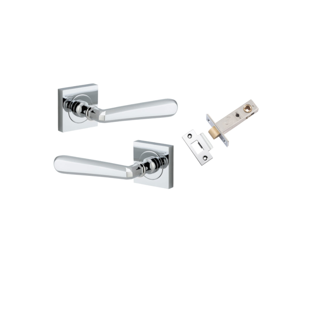 Door Lever Copenhagen Square Rose Polished Chrome H52xW52xP61mm Passage Kit, Tube Latch Split Cam 'T' Striker Polished Chrome Backset 60mm in Polished Chrome