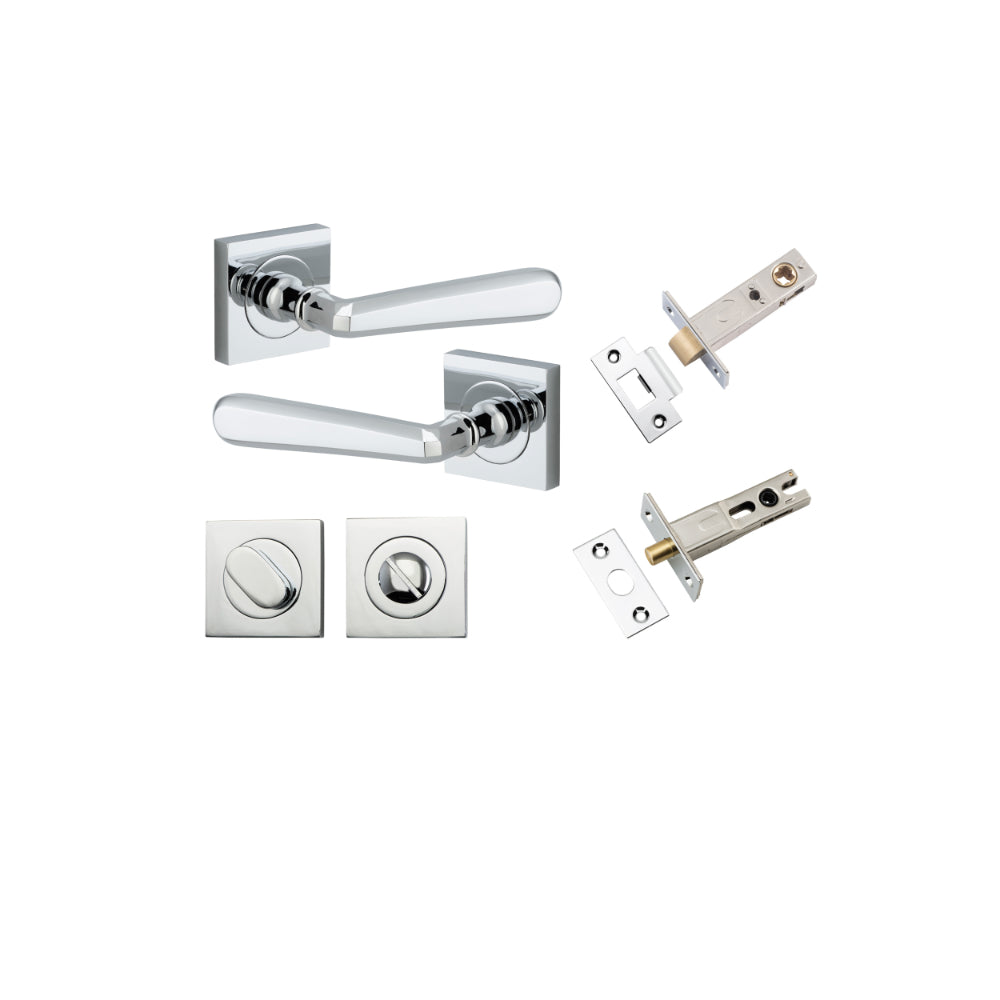 Door Lever Copenhagen Square Rose Polished Chrome H52xW52xP61mm Privacy Kit, Tube Latch Split Cam 'T' Striker Polished Chrome Backset 60mm, Privacy Bolt Round Bolt Polished Chrome Backset 60mm, Privacy Turn Oval Concealed Fix Square Polished Chrom… in Pol