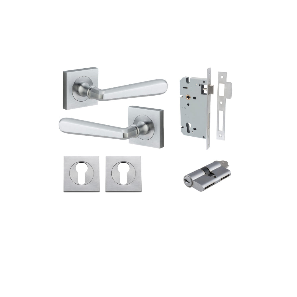 Door Lever Copenhagen Square Rose Brushed Chrome H52xW52xP61mm Entrance Kit, Mortice Lock Euro Brushed Chrome CTC85mm Backset 60mm, Euro Cylinder Dual Function 5 Pin Brushed Chrome L65mm KA1, Escutcheon Euro Concealed Fix Square Pair Brushed Chrom… in Bru
