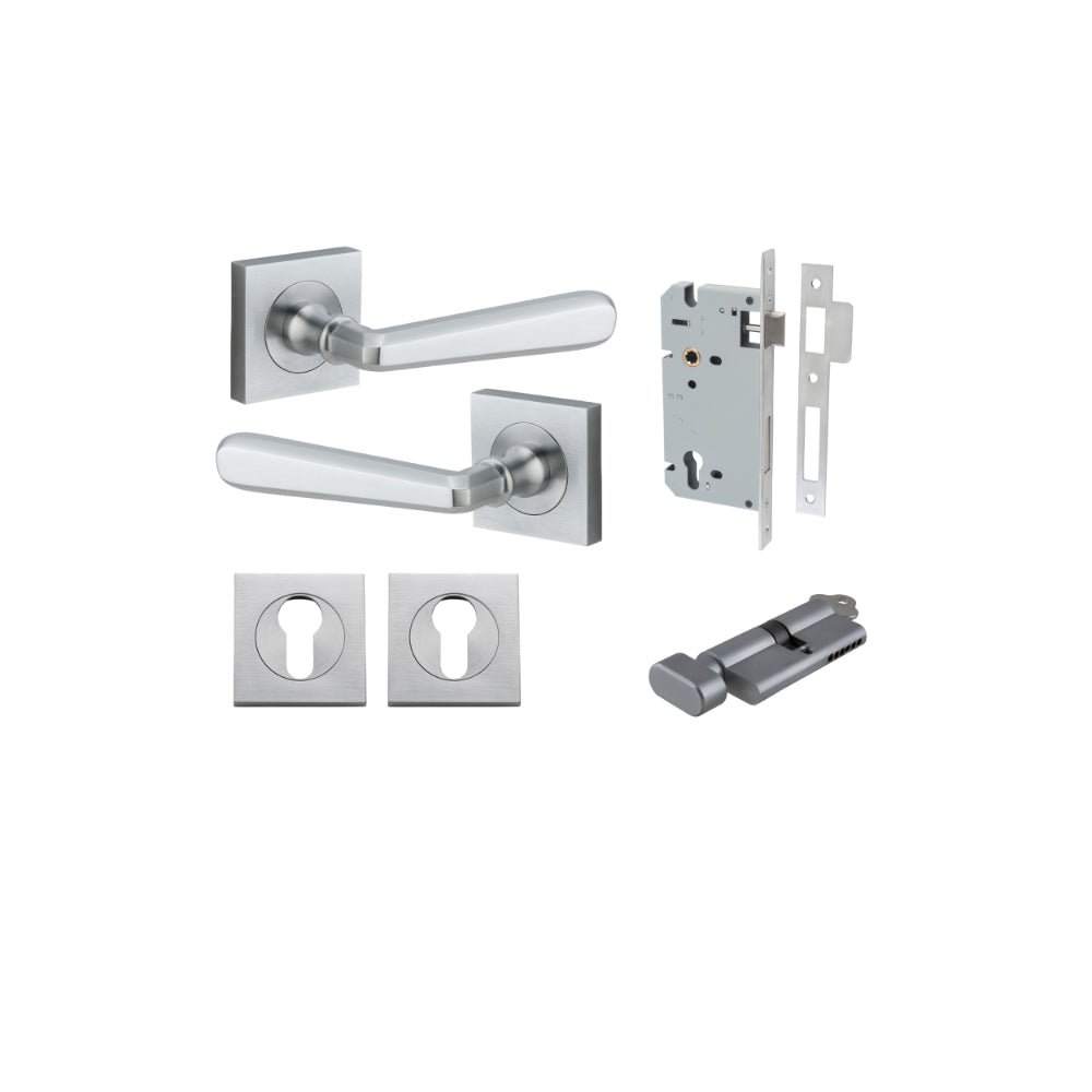 Door Lever Copenhagen Square Rose Brushed H52xW52xP61mm Entrance Kit, Mortice Lock Euro Brushed ChromeCTC85mm Backset 60mm, Euro Cylinder Key Thumb 6 PinL70mm KA1, Escutcheon Euro Concealed Fix Round Pair in Brushed Chrome