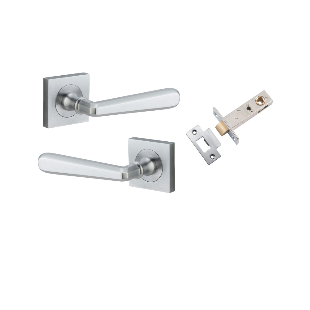Door Lever Copenhagen Square Rose Brushed Chrome H52xW52xP61mm Passage Kit, Tube Latch Split Cam 'T' Striker Brushed Chrome Backset 60mm in Brushed Chrome