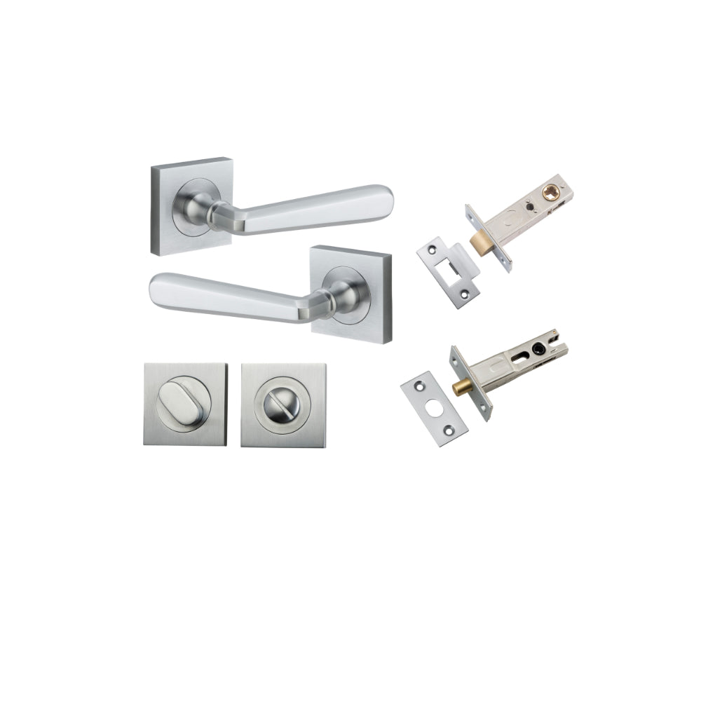 Door Lever Copenhagen Square Rose Brushed Chrome H52xW52xP61mm Privacy Kit, Tube Latch Split Cam 'T' Striker Brushed Chrome Backset 60mm, Privacy Bolt Round Bolt Brushed Chrome Backset 60mm, Privacy Turn Oval Concealed Fix Square Brushed Chrome H5… in Bru