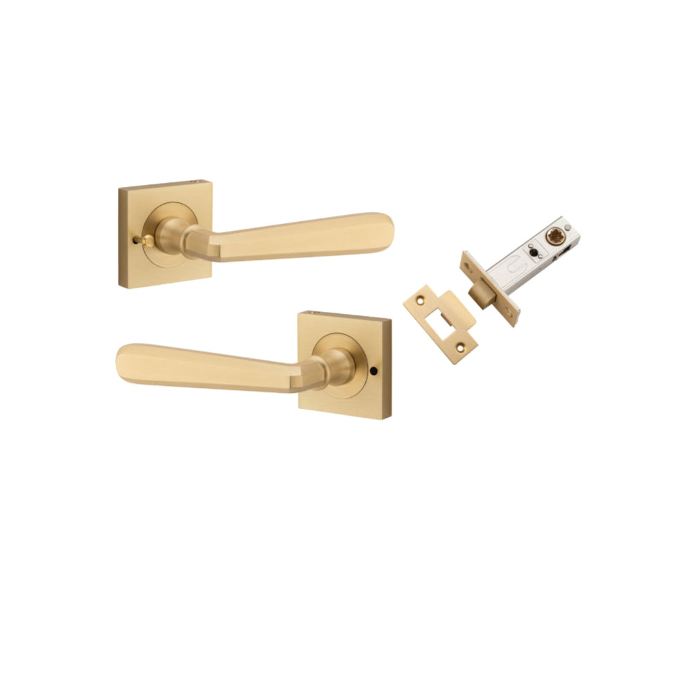 Door Lever Copenhagen Square Rose Inbuilt Privacy Pair Brushed Brass H52xW52xP61mm with Tube Latch Privacy with Faceplate & T Striker Backset 60mm in Brushed Brass
