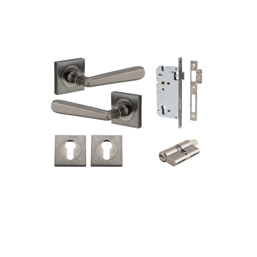 Door Lever Copenhagen Square Rose Distressed Nickel H52xW52xP61mm Entrance Kit, Mortice Lock Euro Distressed Nickel CTC85mm Backset 60mm, Euro Cylinder Dual Function 5 Pin Distressed Nickel L65mm KA1, Escutcheon Euro Concealed Fix Square Pair Dist… in Dis