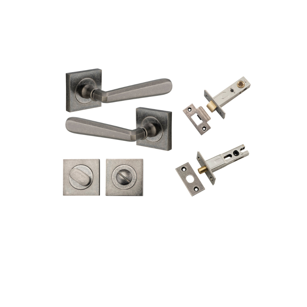 Door Lever Copenhagen Square Rose Distressed Nickel H52xW52xP61mm Privacy Kit, Tube Latch Split Cam 'T' Striker Distressed Nickel Backset 60mm, Privacy Bolt Round Bolt Distressed Nickel Backset 60mm, Privacy Turn Oval Concealed Fix Square Distress… in Dis