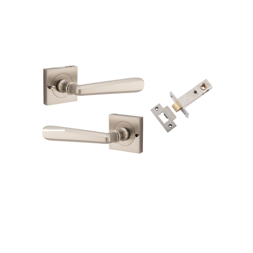 Door Lever Copenhagen Square Rose Inbuilt Privacy Pair Satin Nickel H52xW52xP61mm with Tube Latch Privacy with Faceplate & T Striker Backset 60mm in Satin Nickel