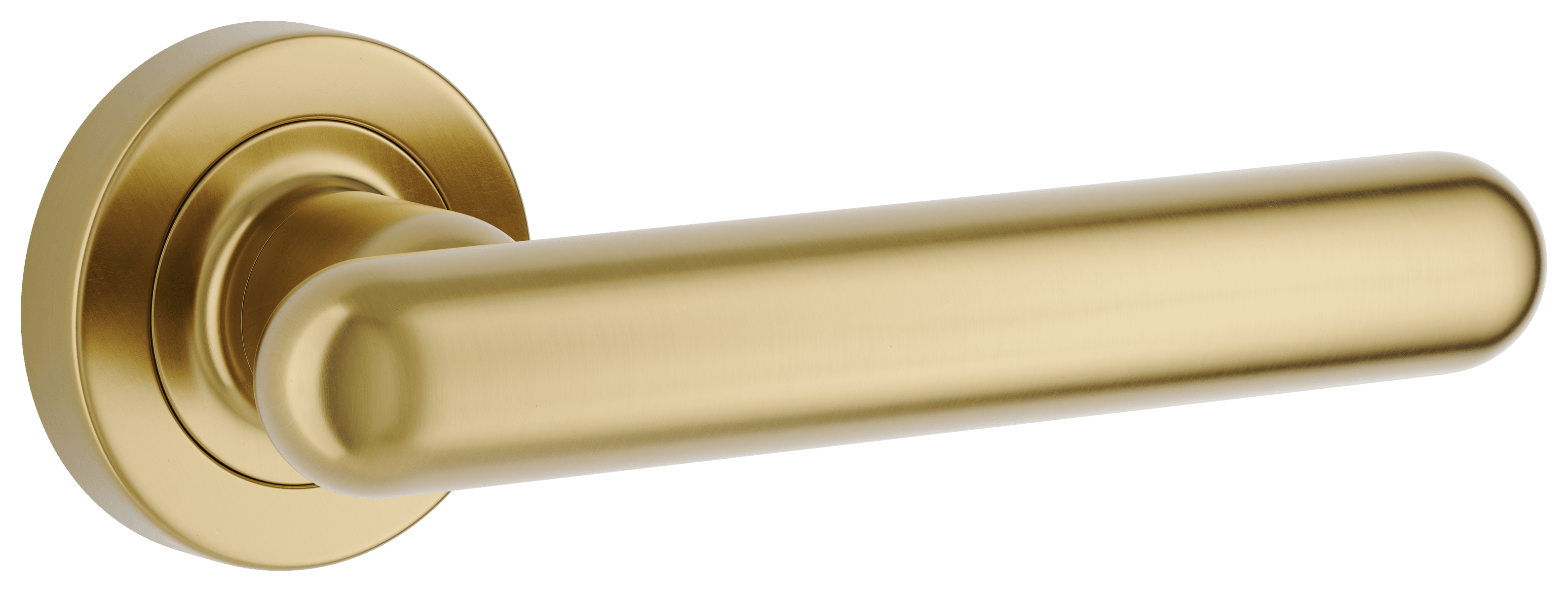 Pair of Iver Puerto Lever handles on round rose, featuring polished metal finish and classic design for doors.