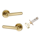 Pair of Iver Puerto Lever handles on round rose, featuring sleek modern design with polished finish, ideal for door hardware.