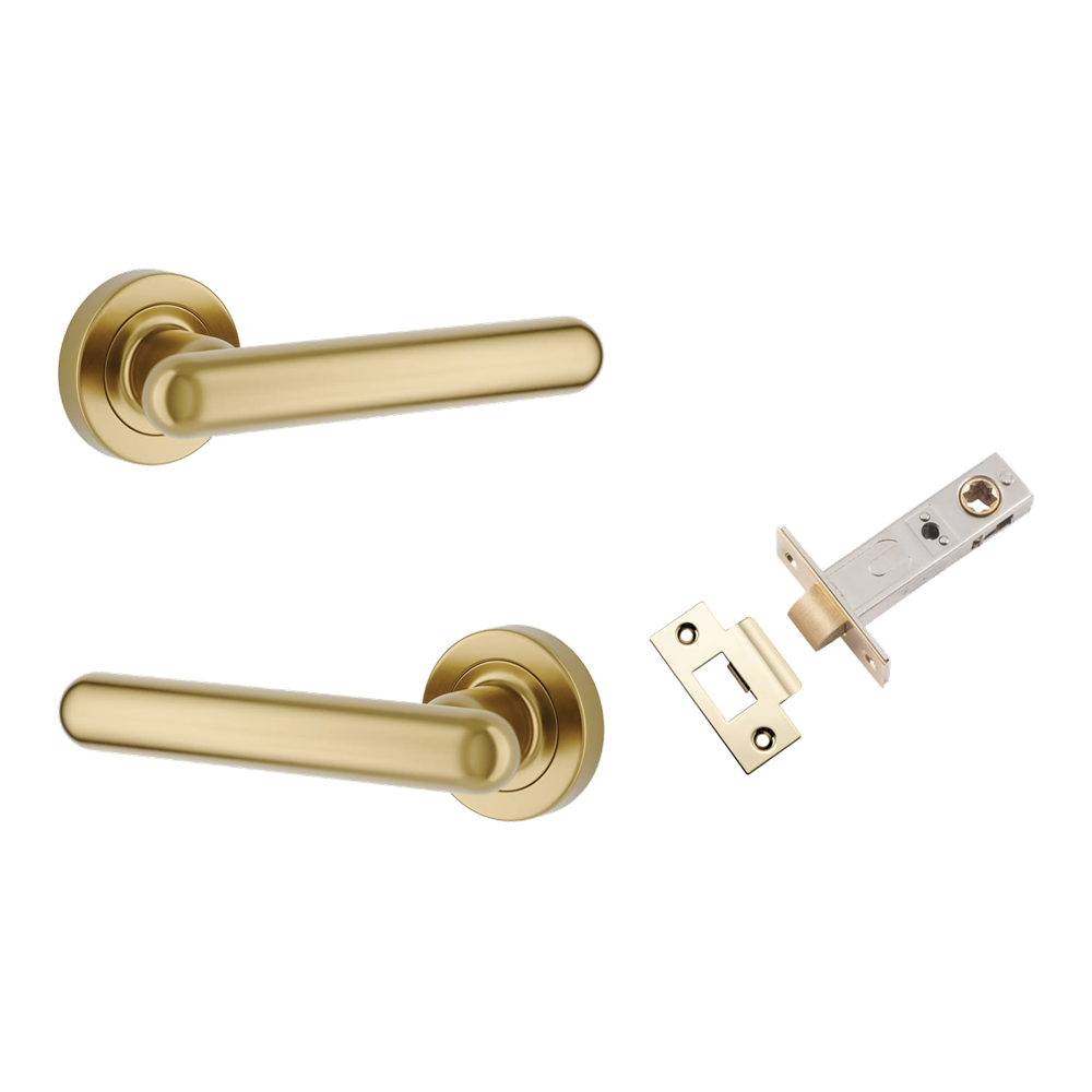 Pair of Iver Puerto Lever handles on round rose, showcasing their elegant design and polished finish for doors.