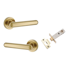 Pair of Iver Puerto Lever handles on round rose, showcasing their elegant design and polished finish for doors.