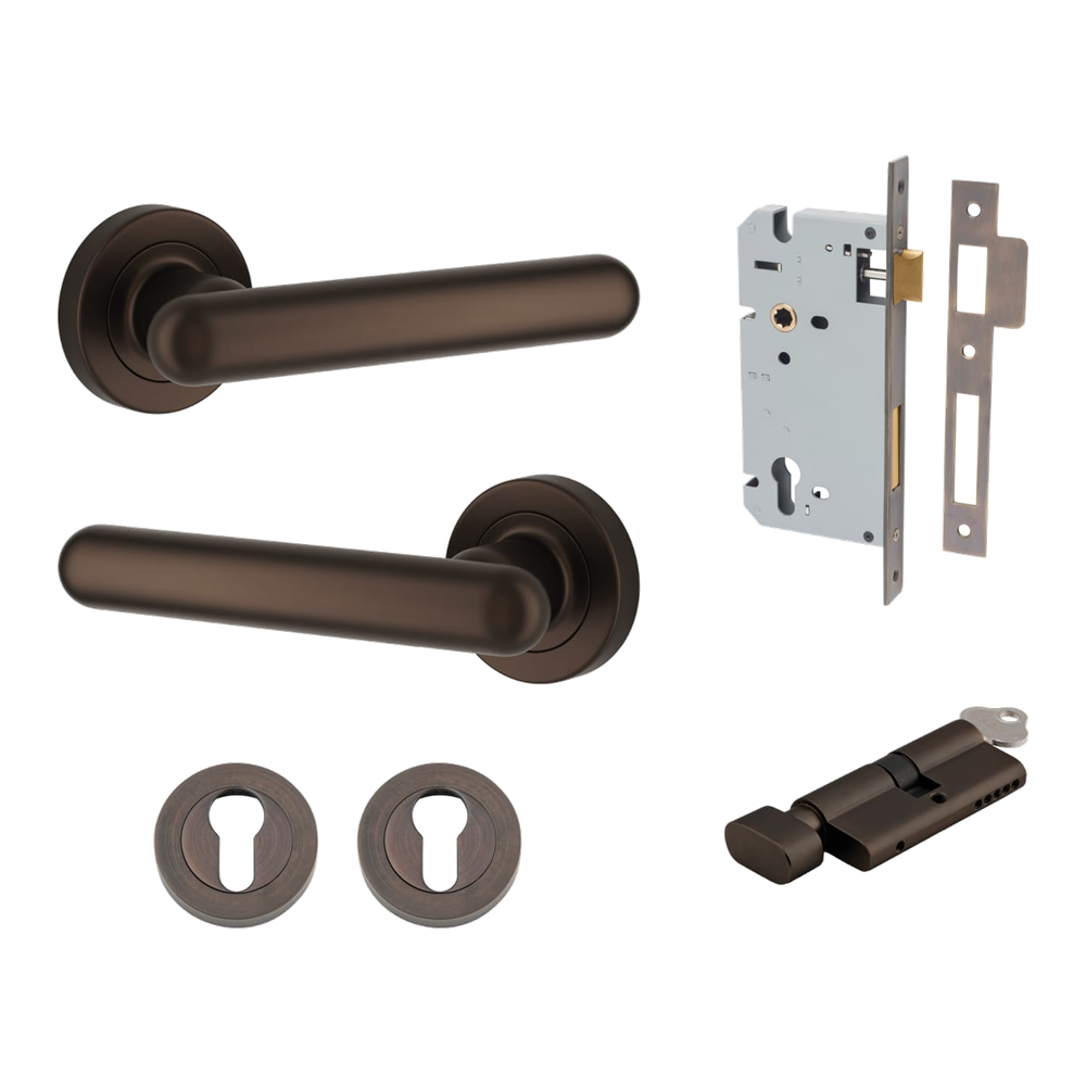 Pair of Iver Puerto lever handles on round rose, featuring modern design in a sleek finish for door hardware.
