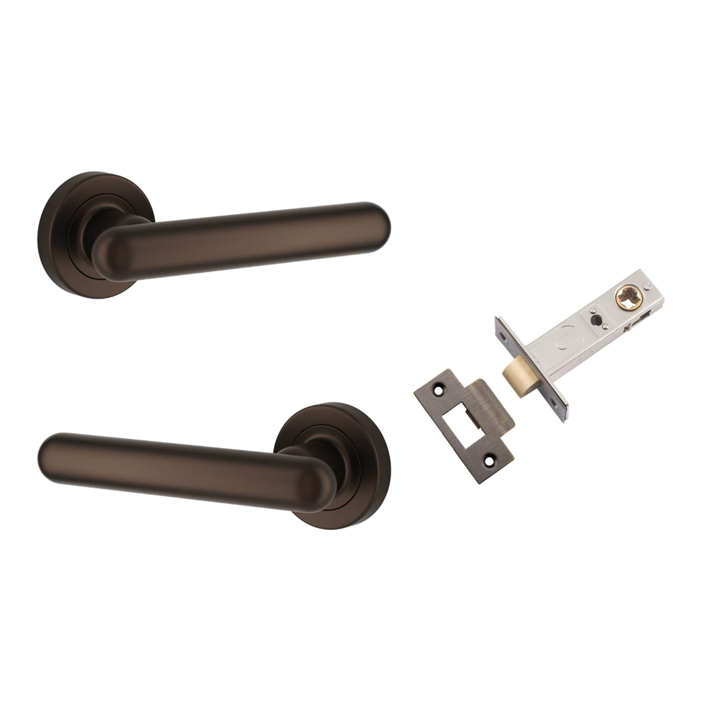 Pair of Iver Puerto Lever on round rose door handles in black finish, showcasing elegant classic design and polished metal details.
