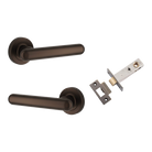 Pair of Iver Puerto Lever on round rose door handles in black finish, showcasing elegant classic design and polished metal details.