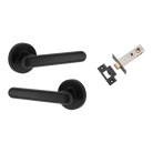 Pair of Iver Puerto lever handles on round rose, showcasing elegant brass finish and detailed design for door hardware.