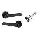 Pair of Iver Puerto Lever handles on round rose, featuring a sleek modern design with a black finish.