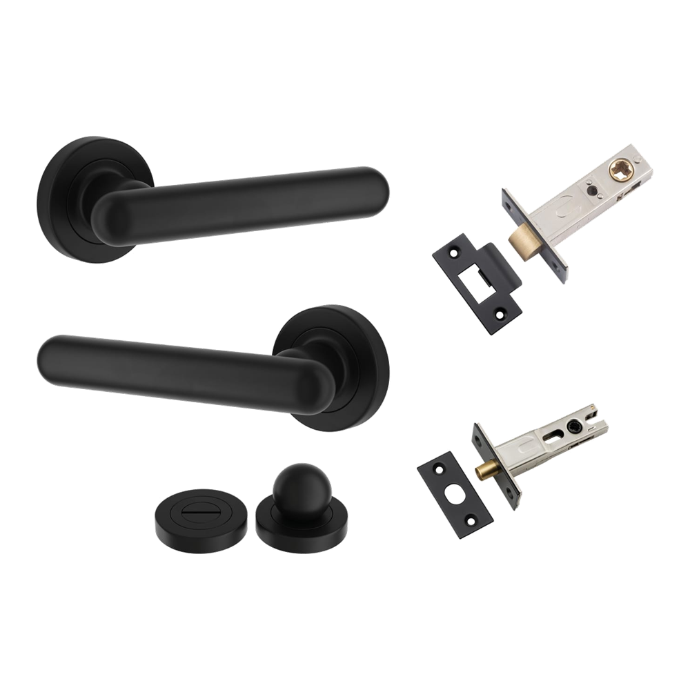 Pair of Iver Puerto lever handles on round rose, featuring elegant black finish and classic design for interior doors.