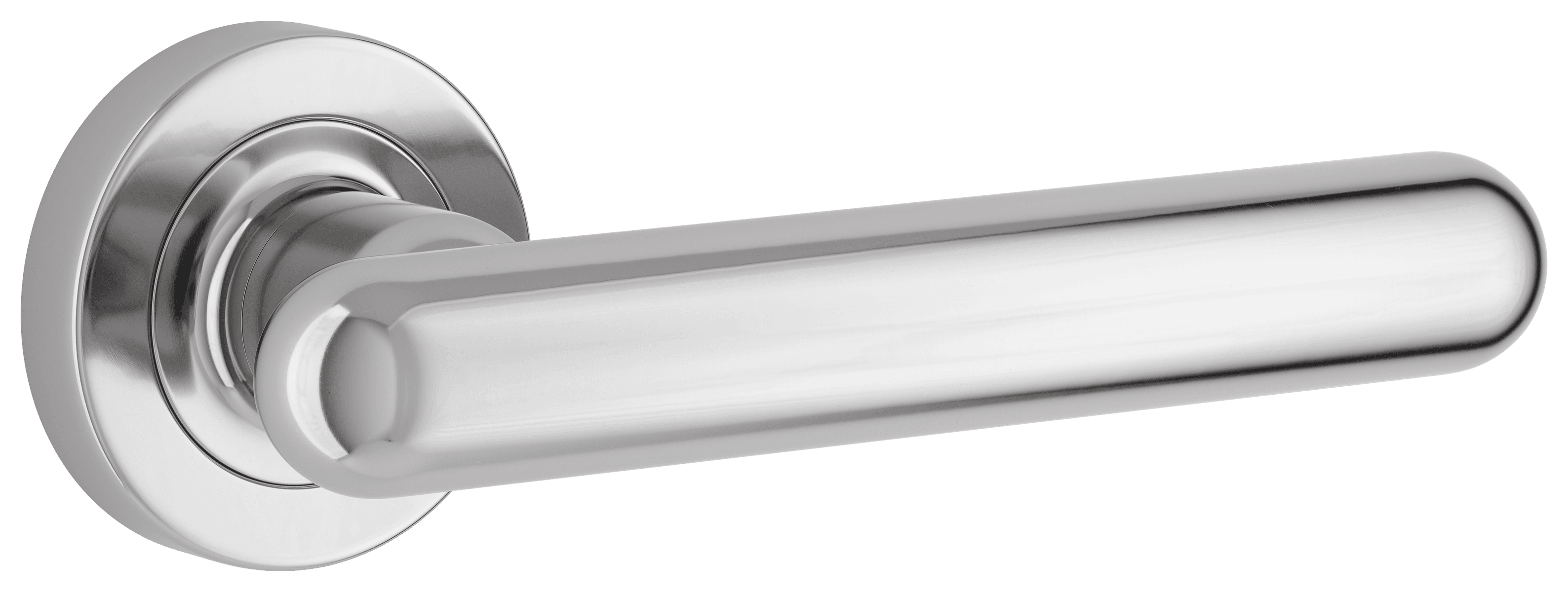 Pair of Iver Puerto Lever handles on round rose, featuring polished metal finish and classic design for interior doors.