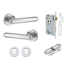Pair of Iver Puerto lever handles on round rose plates, featuring a sleek, modern design in a polished finish.