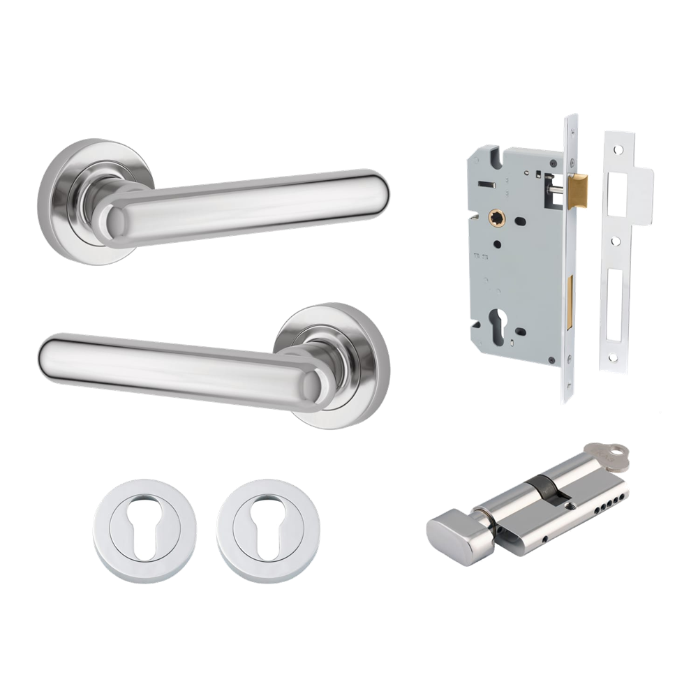 Pair of Iver Puerto Lever handles on round rose, featuring sleek metal design and polished finish for modern door hardware.