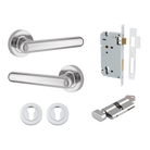 Pair of Iver Puerto Lever handles on round rose, featuring sleek metal design and polished finish for modern door hardware.