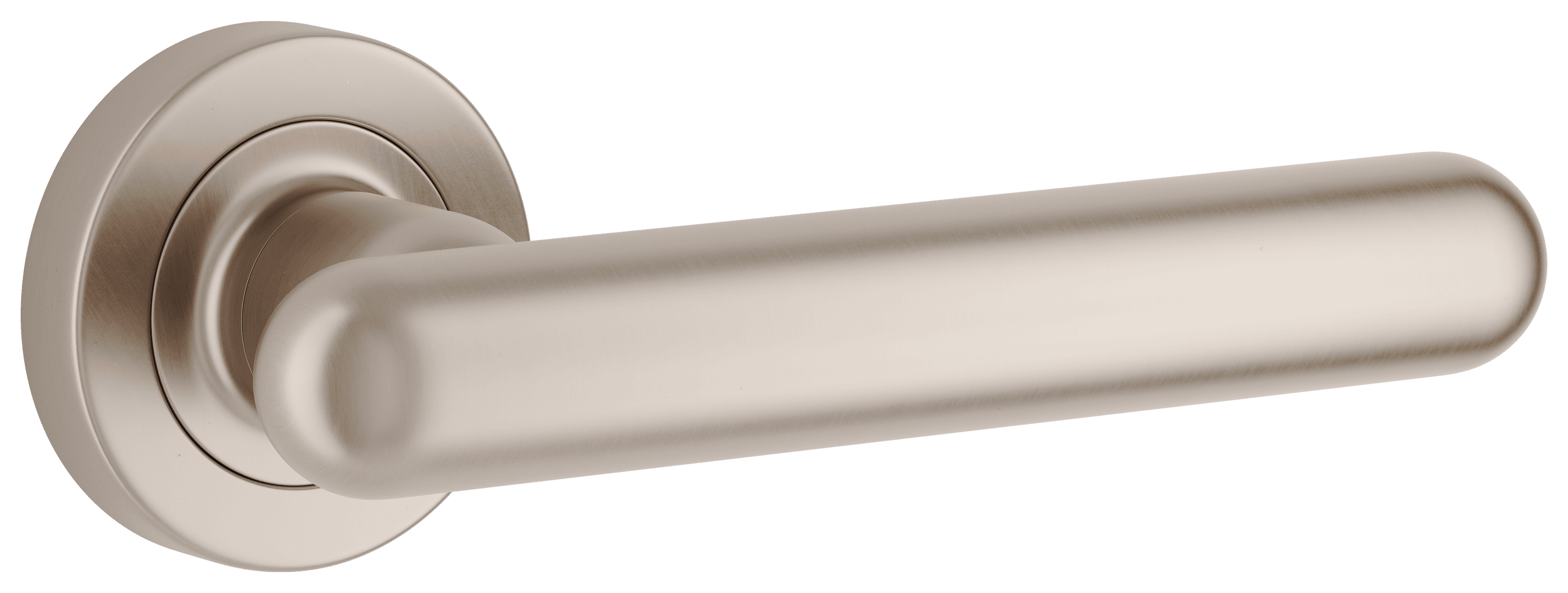Pair of Iver Puerto Lever handles on round rose, featuring sleek metal finish and classic design for door hardware.