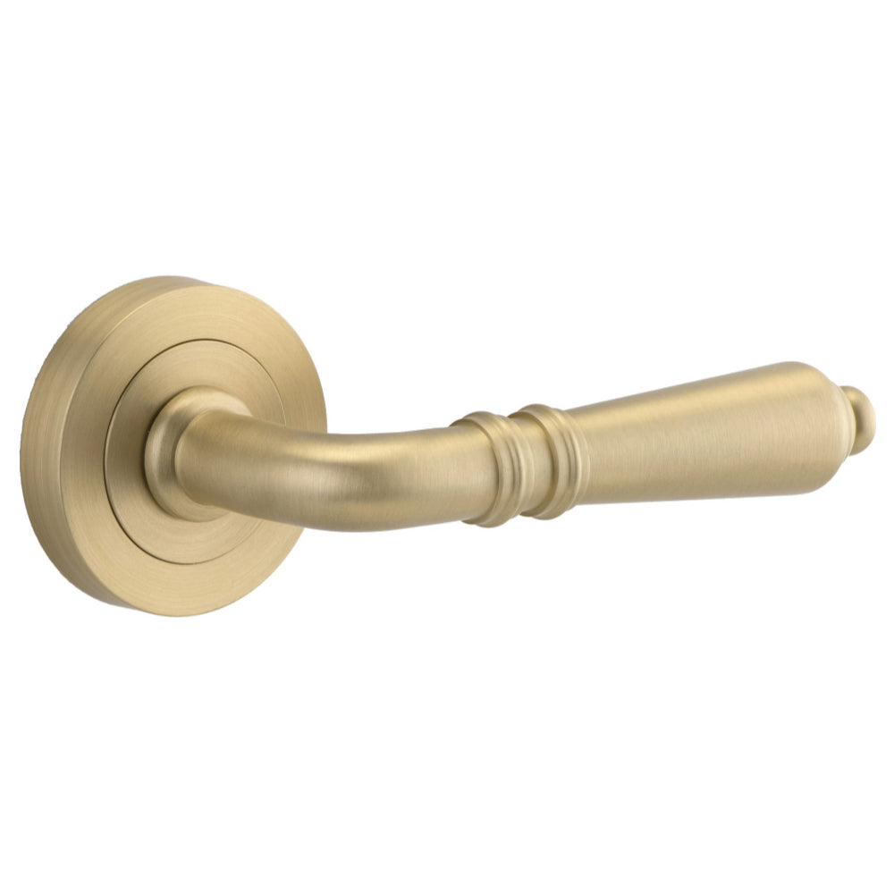Door Lever Sarlat Round Rose Pair Brushed Brass D52xP58mm

(Latch/Lock Sold Separately) in Brushed Brass
