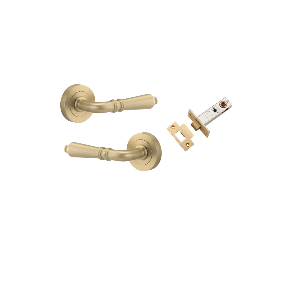 Door Lever Sarlat Round Rose Pair Brushed Brass D52xP58mm Passage Kit, Tube Latch Split Cam 'T' Striker Brushed Brass Backset 60mm in Brushed Brass