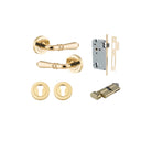Door Lever Sarlat Round Rose Pair Polished Brass D52xP58mm Entrance Kit, Mortice Lock Euro Polished Brass CTC85mm Backset 60mm, Euro Cylinder Key Thumb 6 Pin Polished Brass L70mm KA1, Escutcheon Euro Concealed Fix Round Pair Polished Brass D52xP10mm in Po