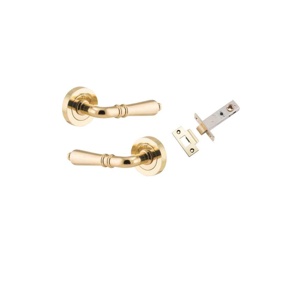 Door Lever Sarlat Round Rose Pair Polished Brass D52xP58mm Passage Kit, Tube Latch Split Cam 'T' Striker Polished Brass Backset 60mm in Polished Brass