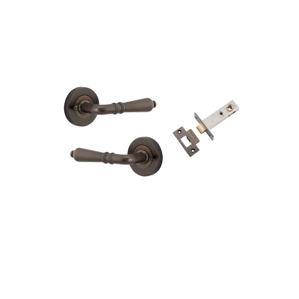 Door Lever Sarlat Round Rose Inbuilt Privacy Pair Signature Brass D58xP58mm with Tube Latch Privacy with Faceplate & T Striker Backset 60mm in Signature Brass